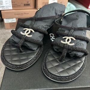 CHANEL Black crystal Sandals with Silver Logo